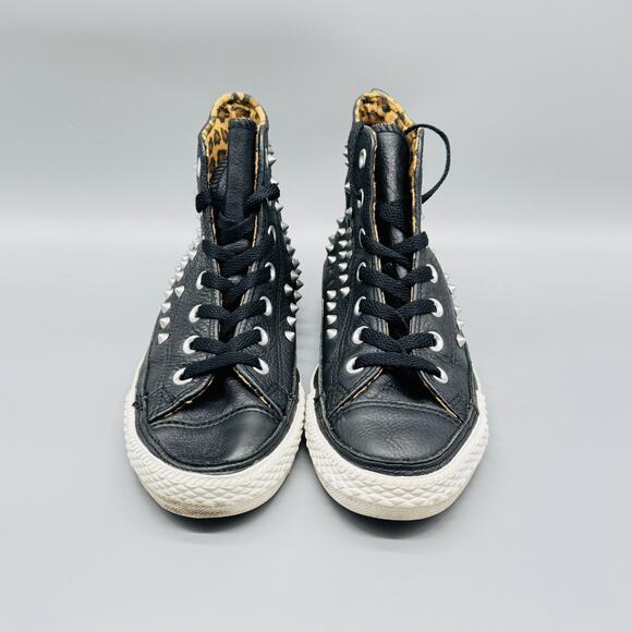 Converse Shoes Womens 6.5 Black Leather All Star Studded High Top Leopard Punk - Picture 3 of 12